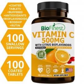 Biofinest Buffered Vitamin C 500mg Supplement - Antioxidant Citrus Bioflavonoids Rosehip Rutin (100 Coated Tablets)
