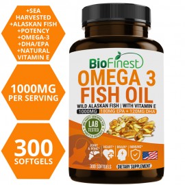 Biofinest Omega 3 Fish Oil 1000mg Supplement - Vitamin E Omega 3 Fatty Acid EPA DHA Antioxidant (300 Softgels)