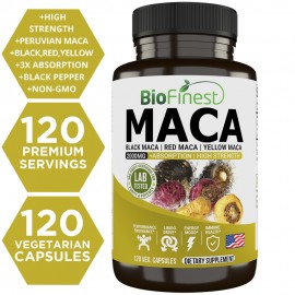 Biofinest Peruvian Maca Root Black Red Yellow 2000mg - Gelatinized Energy Stamina Endurance Superfood  (120 Veg. Capsules)