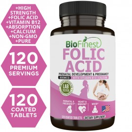 Biofinest Folic Acid 800mcg Supplement - Folate Vitamin B12 Calcium - Pregnancy Prenatal Supplement (120 Coated Tablets)