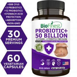 Biofinest Probiotic 50 Billion CFU Enzyme Supplement - 12 Probiotics Strains with 3 Organic Prebiotics (120 veg. caps)