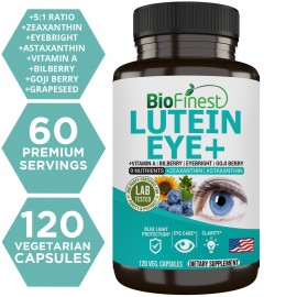 Biofinest Lutein Eye+ Vitamin Supplement - Zeaxanthin Astaxanthin Eyebright Bilberry Goji Berry Eye Health (120 Veg. Capsules)