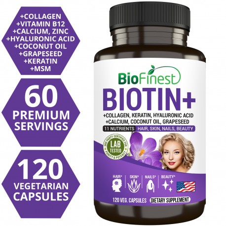 Biofinest Biotin B7 with 200mg Calcium - Enhanced Absorption Skin Hair Nail Beauty (120 Veg. Capsules)
