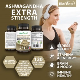 Biofinest Ashwagandha 3000mg Root Extract - Withanolides Black Pepper Extract (120 Veg. Capsules)