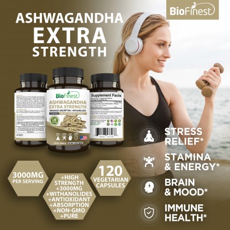 Biofinest Ashwagandha 3000mg Root Extract - Withanolides Black Pepper Extract (120 Veg. Capsules)
