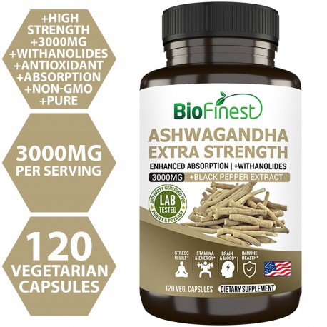 Biofinest Ashwagandha 3000mg Root Extract - Withanolides Black Pepper Extract (120 Veg. Capsules)