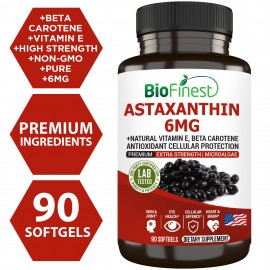 Biofinest Astaxanthin 6mg 12mg Supplement - Antioxidant Vitamin E Beta Carotene (90 Softgels)