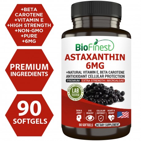 Biofinest Astaxanthin 6mg 12mg Supplement - Antioxidant Vitamin E Beta Carotene (90 Softgels)