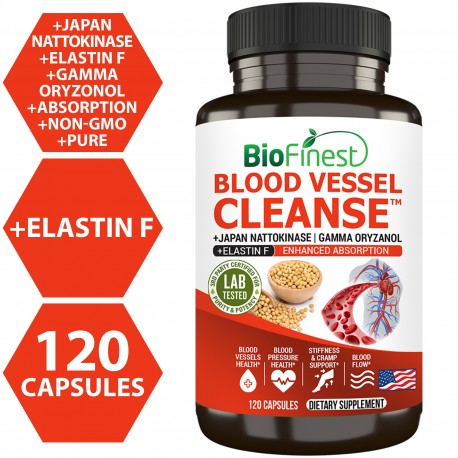 Biofinest Blood Vessel Cleanse Supplement - Japan Nattokinase Elastin F Gamma Oryzanol (120 Veg. Capsules)