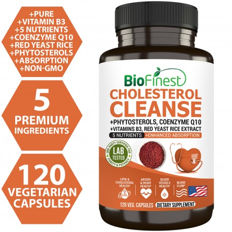 Biofinest Cholesterol Cleanse Supplement - Red Yeast Rice Phytosterols Niacin Coenzyme Q10 (120 Veg. Capsules)