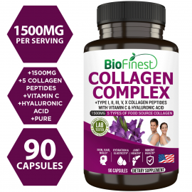 Biofinest Collagen Complex Supplement 1500mg Type 1 2 3 5 10 Hydrolyzed Peptides Marine Bovine (90 Capsules)