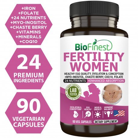 Biofinest Fertility Women Multivitamin Supplement - Vitamins B C D E Iron Zinc Folate Ashwagandha Maca CoQ10 (90 Veg. Capsules)