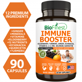 Biofinest Immune Booster Supplement - 12-in-1 Vitamin B C D Zinc Elderberry Quercetin Ginger Turmeric Garlic (90 Veg. Capsules)