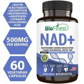 Biofinest NAD+ Booster 500mg Supplement - NMN Nicotinamide Riboside Alternative Resveratrol Hyaluronic Acid (60 Veg. Capsules)