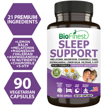 Biofinest Sleep Support Supplement - 16-in-1 Melatonin Ashwagandha Chamomile Magnesium - 90 Capsule