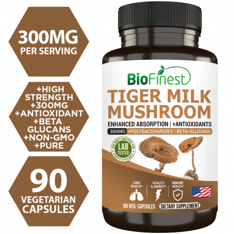 Biofinest Tiger Milk Mushroom Supplement - 300mg Respiratory Lung Wellness Immune Cough Support Vitality Energy 90s
