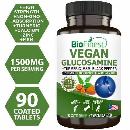Biofinest Vegan Vegetarian Glucosamine Joint Support MSM Calcium Zinc Turmeric (90 Coated Tablets)