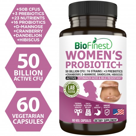 Biofinest Women Probiotic 50 Billion CFU Supplement - 16 Probiotics Strains with 3 Organic Prebiotics (60 Veg. Caps)