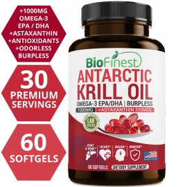 Antarctic Krill Oil Supplement - Double Strength 1000mg with Omega 3 EPA, DHA and Astaxanthin - For Healthy Heart, Brain, Immune System, Memory, Energy (60 Softgels Capsules)
