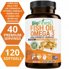 Omega 3 Fish Oil Supplement - Burpless & Odorless - with 3750mg EPA 1350mg, DHA 900mg Natural Fatty Acids From Deep Sea - Joint Support, Immune, Heart Health, Brain, Eyes, Skin (120 softgels capsule)