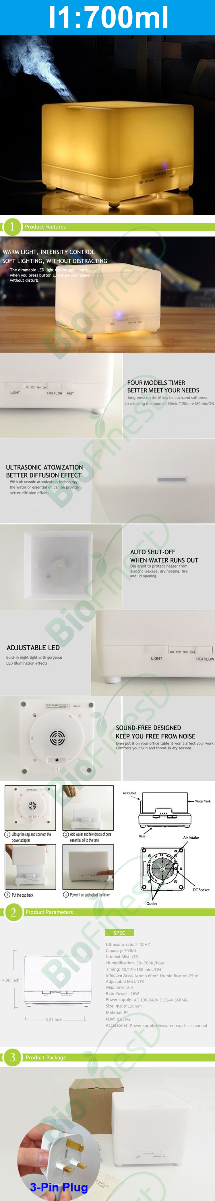 I1 (700ml) Ultrasonic Aroma Diffuser/ Air Humidifier/ 7-Color LED