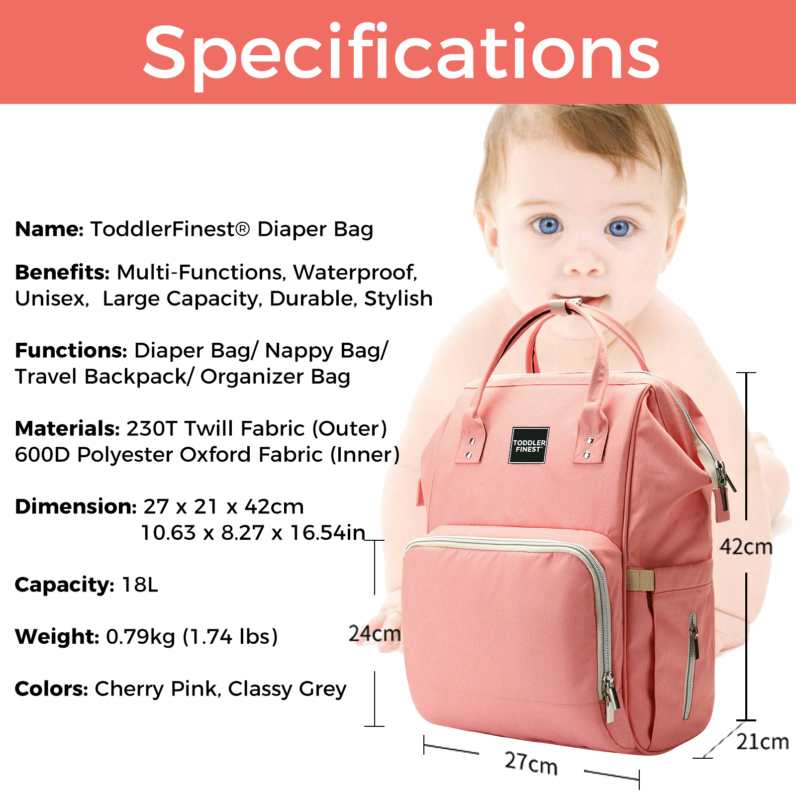 Large Designer Pink Black Hearts Baby Nappy Diaper Bag 
